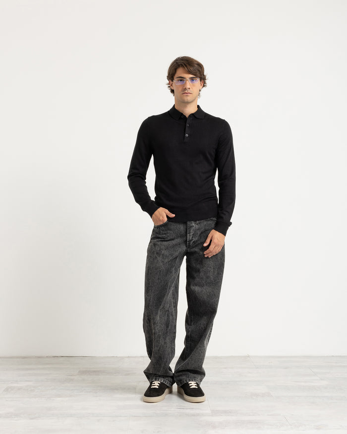 Polo in maglia manica lunga - Nero