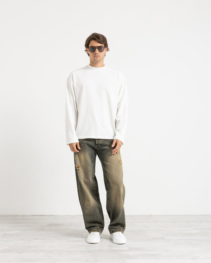 T-shirt longsleeve con tagli - Panna